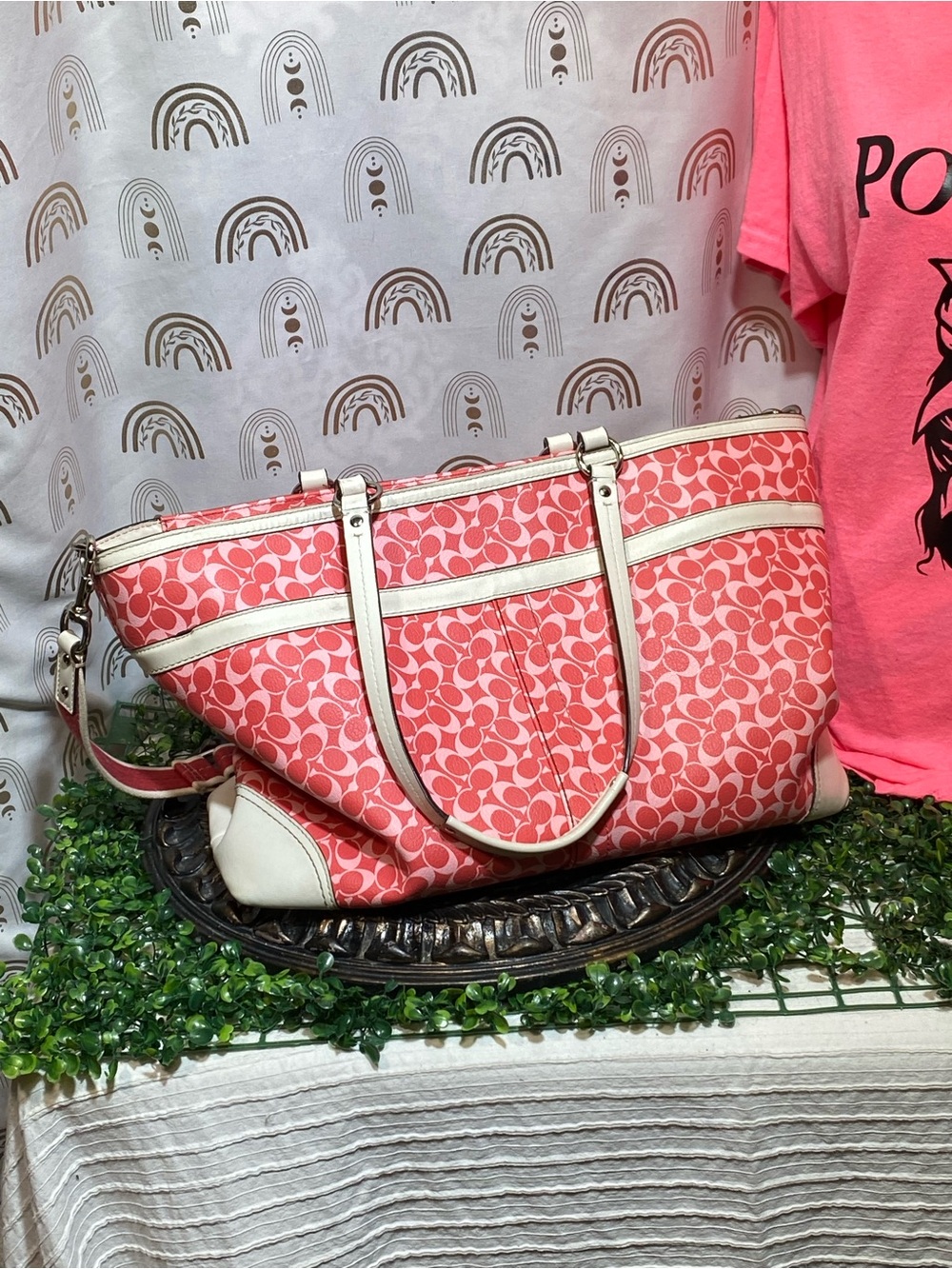 Coach Coral Pink Signature Stripe Tote with White Trim diaper bag - Picture 14 of 16